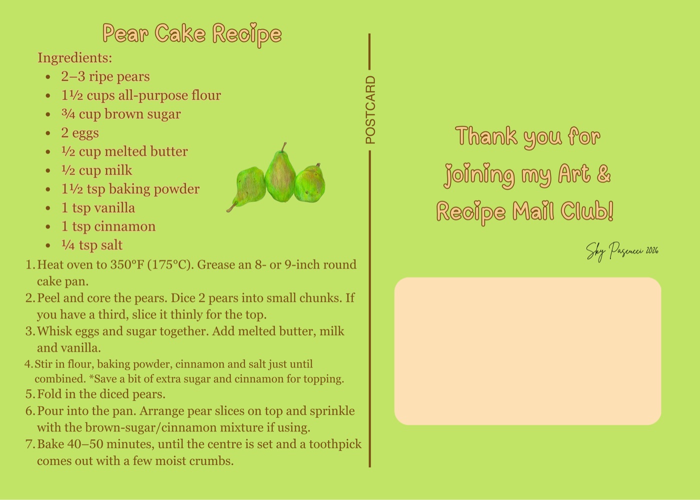 Recipe side: a pear cake recipe with a thank-you note and space for the address